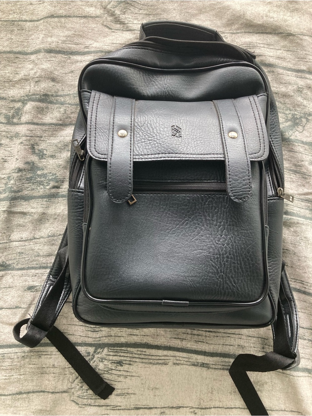 Men's Black Faux Leather Backpack with Front Flap Pocket